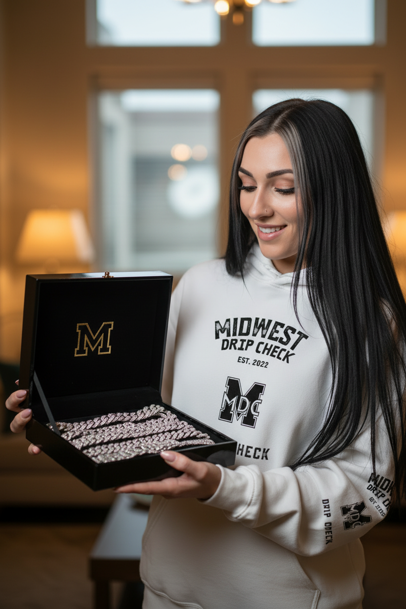 Model looking into MDC jewelry box with smile