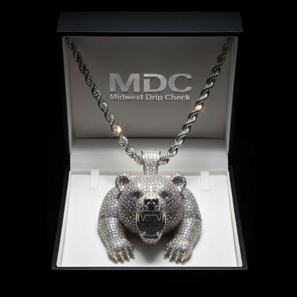 MDC silver VVS iced-out bear pendant in matte black jewelry box