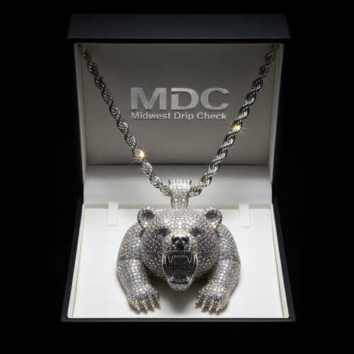 MDC silver VVS iced-out bear pendant in matte black jewelry box