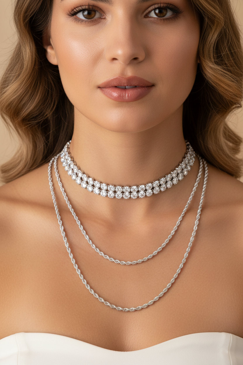 MDC silver VVS iced-out ladies layered stack necklace in matte black jewelry box