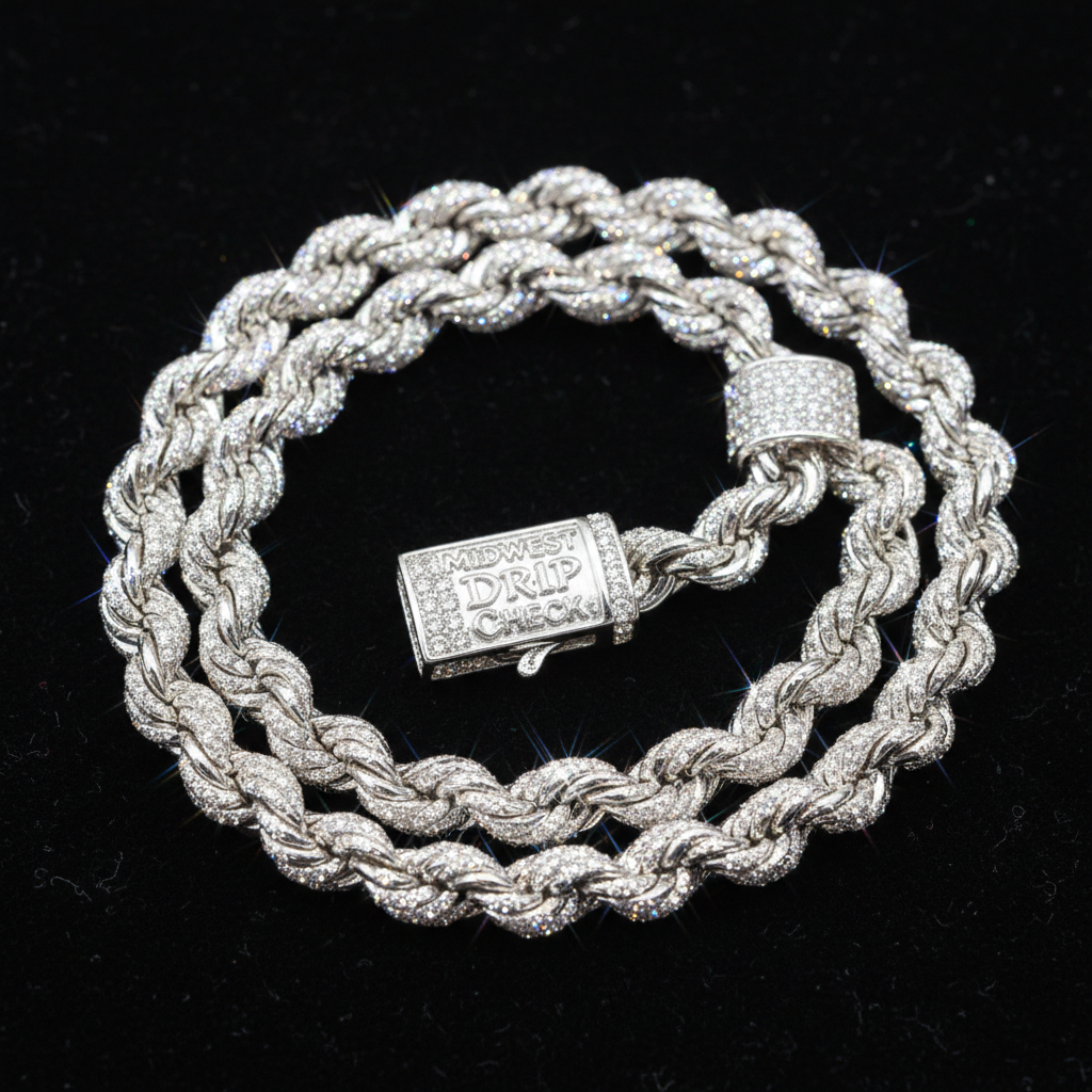 MDC silver VVS iced-out rope chain in matte black jewelry box