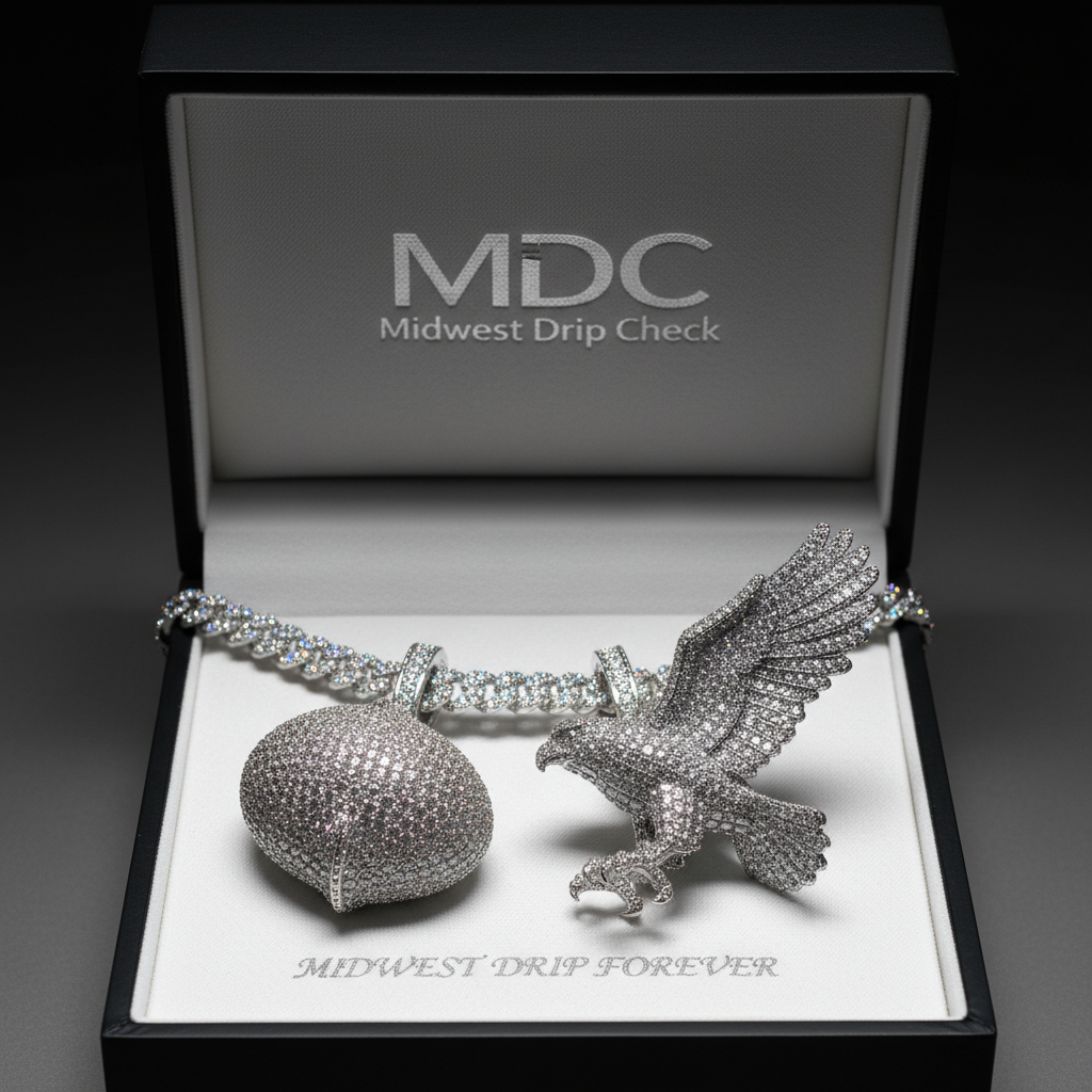 MDC silver VVS iced-out hawk pendant in matte black jewelry box