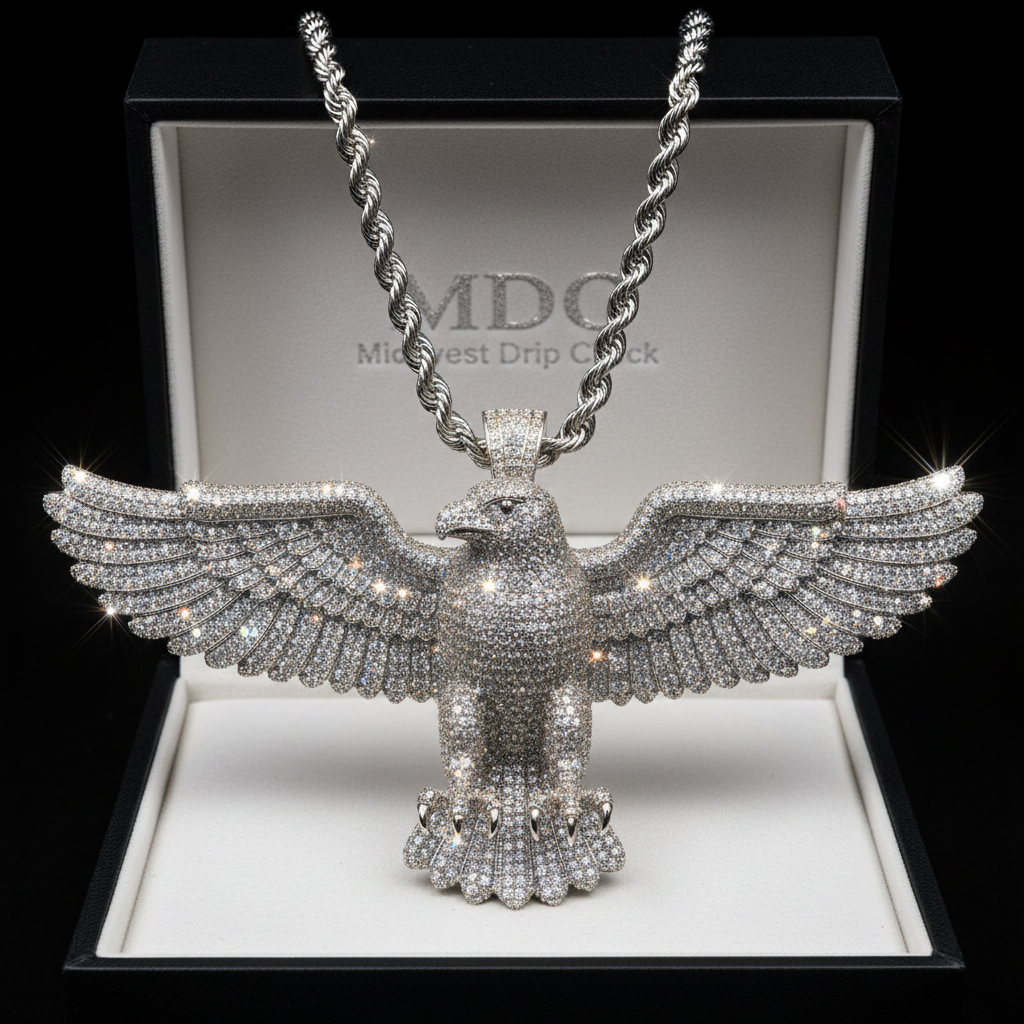 MDC silver VVS iced-out hawk pendant in matte black jewelry box