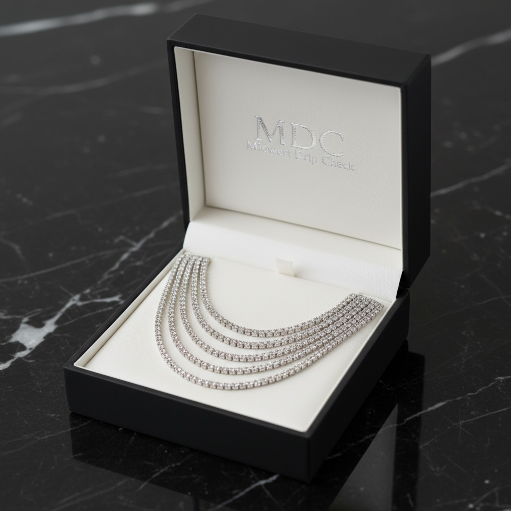 MDC silver VVS iced-out ladies layered stack necklace in matte black jewelry box