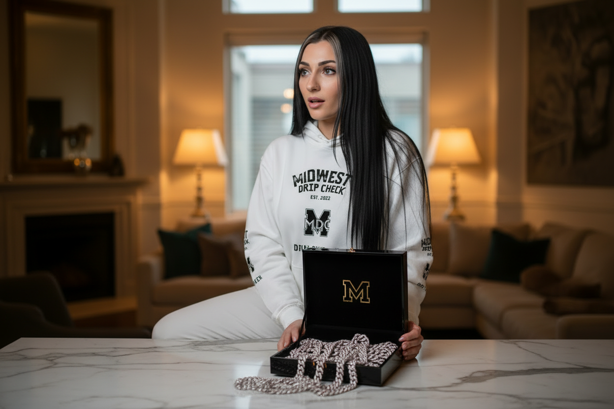 Model with MDC jewelry box on marble surface with chains
